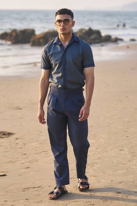 Buy_Dash And Dot_Blue Viscose, Polyester Tonal Chequered Pattern Pant _Online_at_Aza_Fashions