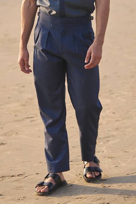 Shop_Dash And Dot_Blue Viscose, Polyester Tonal Chequered Pattern Pant _Online_at_Aza_Fashions