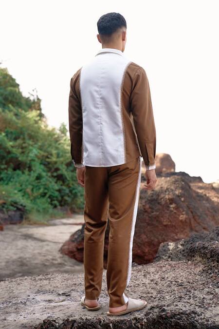 Shop_Dash And Dot_Brown 64% Polyester Placement Stitch Detail Two Tone Shirt _at_Aza_Fashions