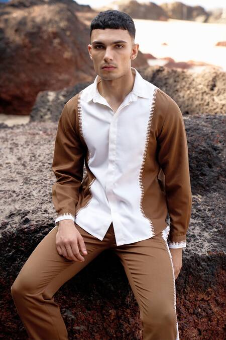 Dash And Dot_Brown 64% Polyester Placement Stitch Detail Two Tone Shirt _Online_at_Aza_Fashions