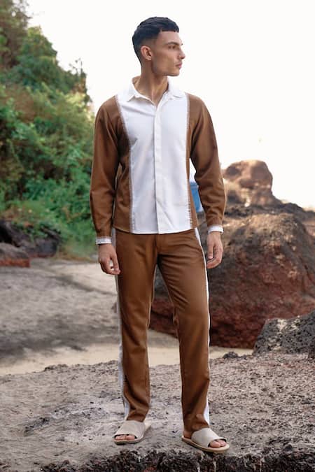 Buy_Dash And Dot_Brown 64% Polyester Placement Stitch Detail Two Tone Shirt _Online_at_Aza_Fashions