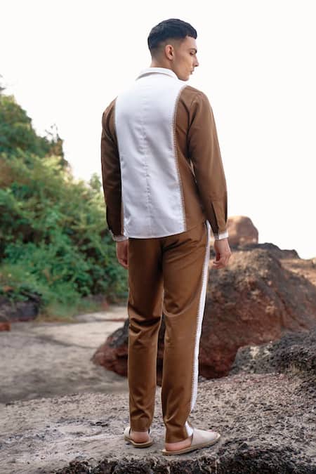 Shop_Dash And Dot_Brown 64% Polyester Placement Stitch Detail Two Tone Shirt _Online_at_Aza_Fashions