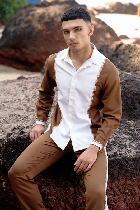 Dash And Dot_Brown 64% Polyester Placement Stitch Detail Two Tone Shirt _at_Aza_Fashions
