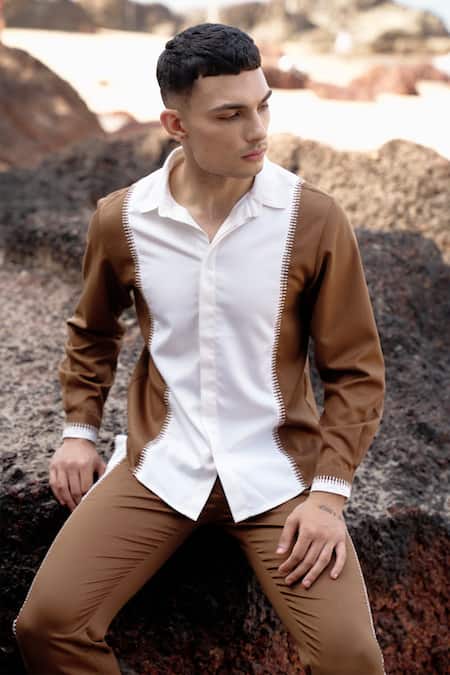 Buy_Dash And Dot_Brown 64% Polyester Placement Stitch Detail Two Tone Shirt 