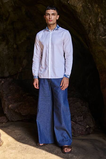 Dash And Dot White Cotton Embroidery Placement Jacquard Path Shirt Online at Aza Fashions Dash And Dot_White Cotton Embroidery Placement Jacquard Path Shirt _Online_at_Aza_Fashions