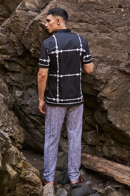 Shop_Dash And Dot_Black Cotton Embroidery Motif Shirt _at_Aza_Fashions