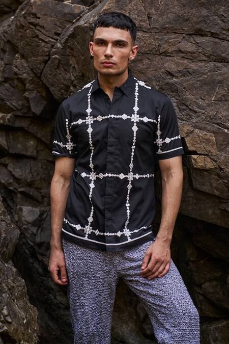 Dash And Dot_Black Cotton Embroidery Motif Shirt _Online_at_Aza_Fashions