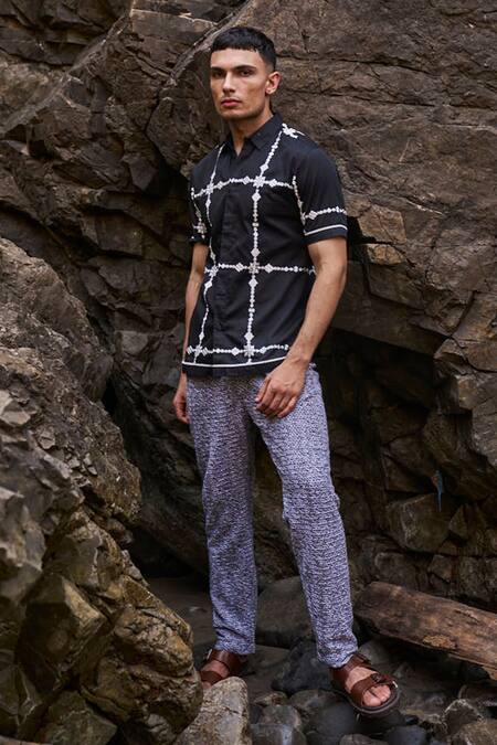 Buy_Dash And Dot_Black Cotton Embroidery Motif Shirt _Online_at_Aza_Fashions