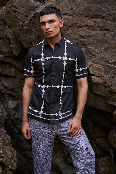 Shop_Dash And Dot_Black Cotton Embroidery Motif Shirt _Online_at_Aza_Fashions