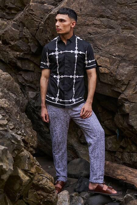 Dash And Dot_Black Cotton Embroidery Motif Shirt _at_Aza_Fashions