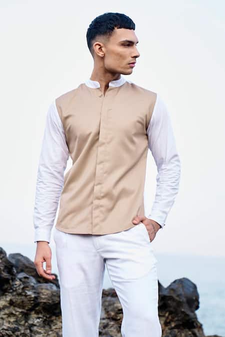 Dash And Dot_Brown 55% Cotton Color Block Shirt _Online_at_Aza_Fashions