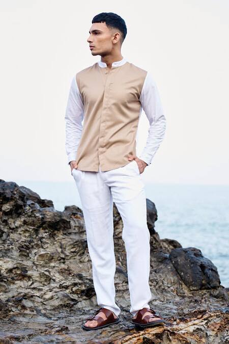 Buy_Dash And Dot_Brown 55% Cotton Color Block Shirt _Online_at_Aza_Fashions