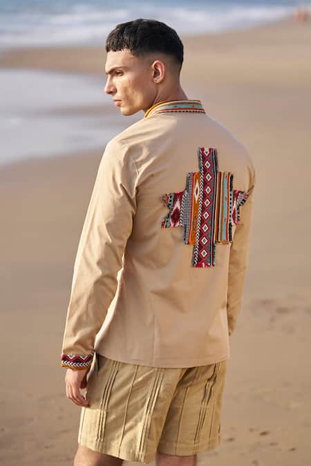 Shop Dash And Dot Brown Cotton Embroidery Placement Aztec Patch Work Shirt at Aza Fashions Shop_Dash And Dot_Brown Cotton Embroidery Placement Aztec Patch Work Shirt _at_Aza_Fashions