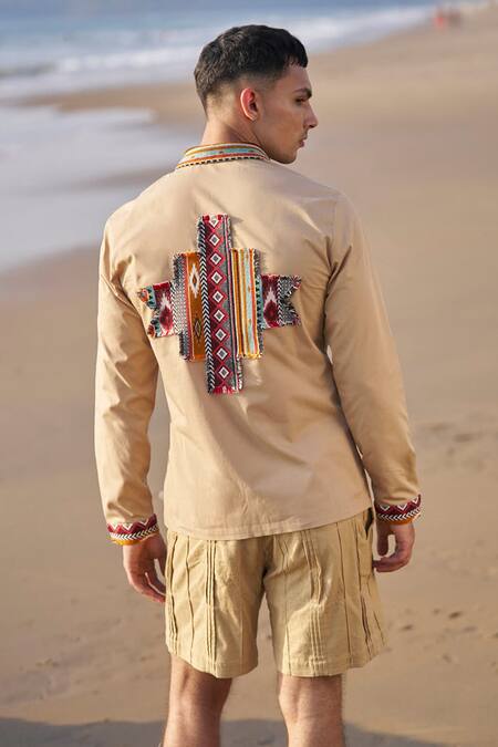 Dash And Dot Brown Cotton Embroidery Placement Aztec Patch Work Shirt Online at Aza Fashions Dash And Dot_Brown Cotton Embroidery Placement Aztec Patch Work Shirt _Online_at_Aza_Fashions