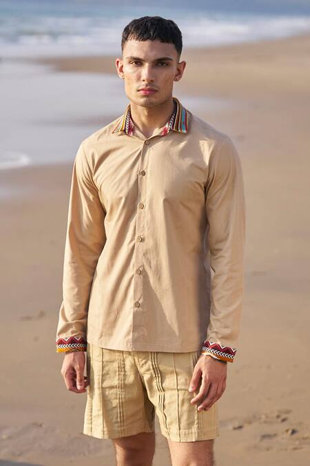 Buy Dash And Dot Brown Cotton Embroidery Placement Aztec Patch Work Shirt Online at Aza Fashions Buy_Dash And Dot_Brown Cotton Embroidery Placement Aztec Patch Work Shirt _Online_at_Aza_Fashions