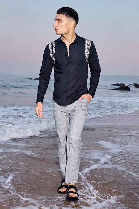 Shop_Dash And Dot_Black 100% Organic Cotton Placement Patch Work Jacquard Harness Shirt _at_Aza_Fashions