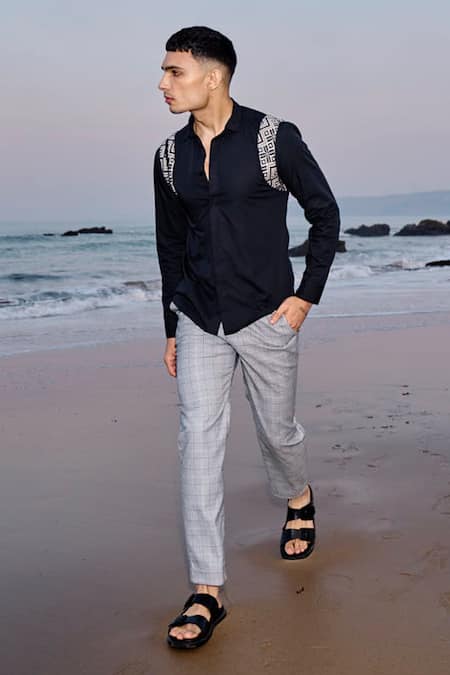 Dash And Dot_Black 100% Organic Cotton Placement Patch Work Jacquard Harness Shirt _Online_at_Aza_Fashions