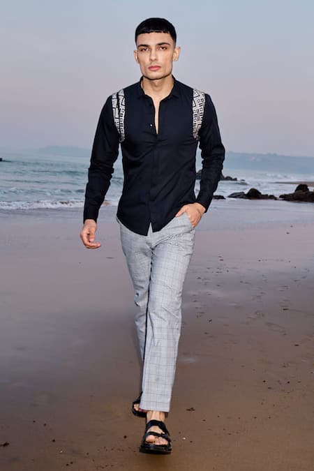 Buy_Dash And Dot_Black 100% Organic Cotton Placement Patch Work Jacquard Harness Shirt _Online_at_Aza_Fashions