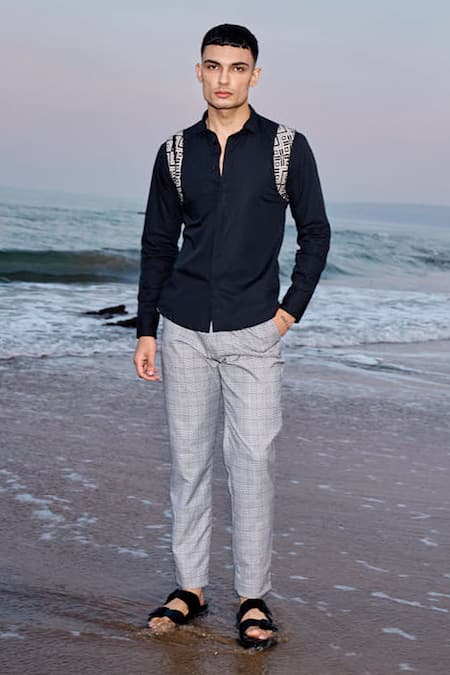 Shop_Dash And Dot_Black 100% Organic Cotton Placement Patch Work Jacquard Harness Shirt _Online_at_Aza_Fashions