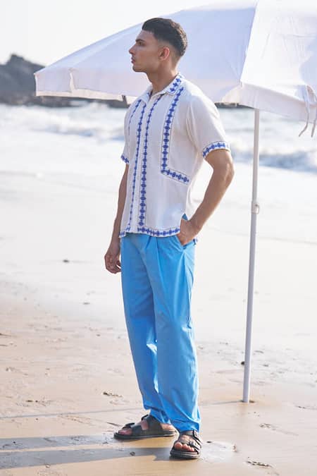 Shop Dash And Dot Blue Cotton Bishop Front Pleat Organic Pant at Aza Fashions Shop_Dash And Dot_Blue Cotton Bishop Front Pleat Organic Pant _at_Aza_Fashions