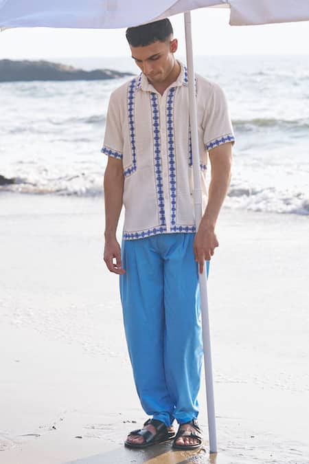 Dash And Dot Blue Cotton Bishop Front Pleat Organic Pant Online at Aza Fashions Dash And Dot_Blue Cotton Bishop Front Pleat Organic Pant _Online_at_Aza_Fashions