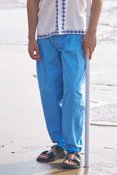 Buy Dash And Dot Blue Cotton Bishop Front Pleat Organic Pant Online at Aza Fashions Buy_Dash And Dot_Blue Cotton Bishop Front Pleat Organic Pant _Online_at_Aza_Fashions