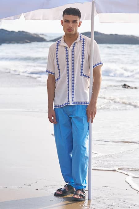 Shop Dash And Dot Blue Cotton Bishop Front Pleat Organic Pant Online at Aza Fashions Shop_Dash And Dot_Blue Cotton Bishop Front Pleat Organic Pant _Online_at_Aza_Fashions