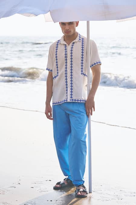 Shop Dash And Dot Blue Cotton Bishop Front Pleat Organic Pant Shop_Dash And Dot_Blue Cotton Bishop Front Pleat Organic Pant