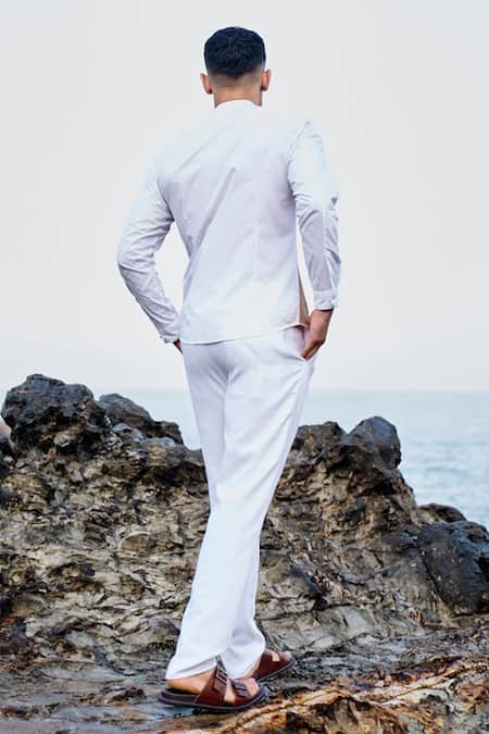 Shop Dash And Dot White Cotton Textured Straight Pant at Aza Fashions Shop_Dash And Dot_White Cotton Textured Straight Pant _at_Aza_Fashions