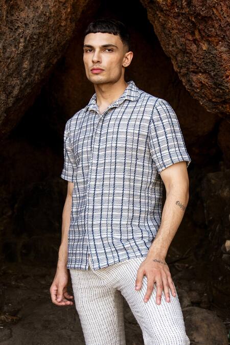 Buy_Dash And Dot_Multi Color Polyester, Cotton Embroidery Textured Check Collared Shirt _Online_at_Aza_Fashions