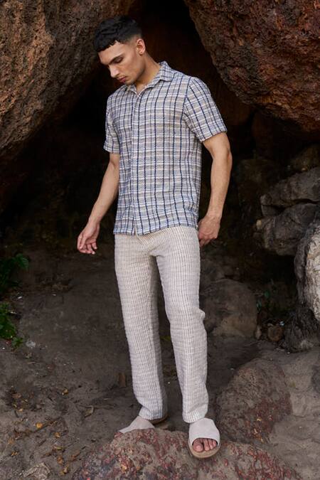 Shop_Dash And Dot_Multi Color Polyester, Cotton Embroidery Textured Check Collared Shirt _Online_at_Aza_Fashions