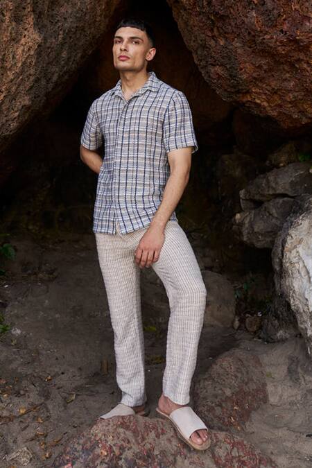 Dash And Dot_Multi Color Polyester, Cotton Embroidery Textured Check Collared Shirt _at_Aza_Fashions