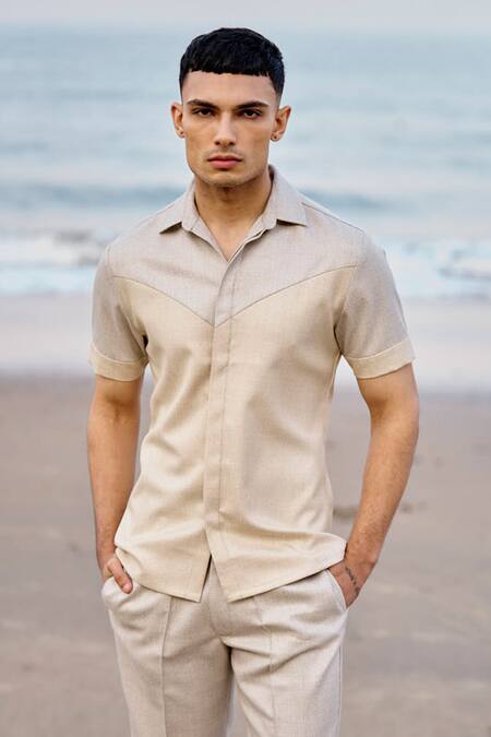 Dash And Dot_Beige Viscose, Polyester Color Blocked Panelled Shirt _Online_at_Aza_Fashions