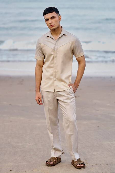 Buy_Dash And Dot_Beige Viscose, Polyester Color Blocked Panelled Shirt _Online_at_Aza_Fashions