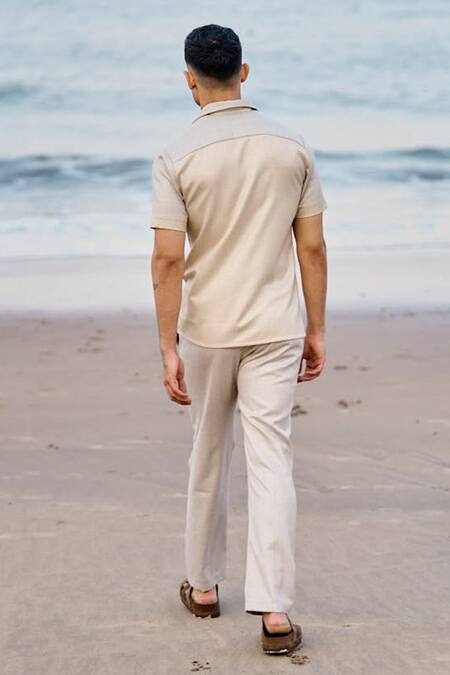 Dash And Dot_Beige Viscose, Polyester Color Blocked Panelled Shirt _at_Aza_Fashions