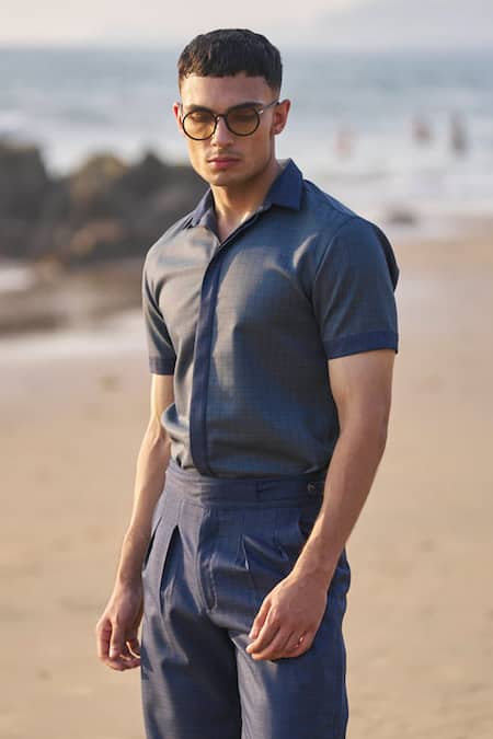 Dash And Dot Blue Viscose, Polyester Checkered Shirt And Pant Co-ord Set Online at Aza Fashions Dash And Dot_Blue Viscose, Polyester Checkered Shirt And Pant Co-ord Set _Online_at_Aza_Fashions