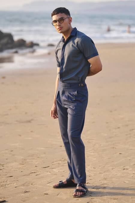 Shop Dash And Dot Blue Viscose, Polyester Checkered Shirt And Pant Co-ord Set Online at Aza Fashions Shop_Dash And Dot_Blue Viscose, Polyester Checkered Shirt And Pant Co-ord Set _Online_at_Aza_Fashions