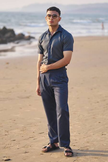 Dash And Dot Blue Viscose, Polyester Checkered Shirt And Pant Co-ord Set at Aza Fashions Dash And Dot_Blue Viscose, Polyester Checkered Shirt And Pant Co-ord Set _at_Aza_Fashions