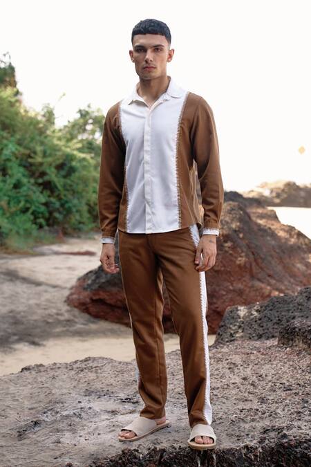 Dash And Dot_Ivory Viscose, Polyester Embroidery Contrast Stitch Shirt And Pant Set _Online_at_Aza_Fashions