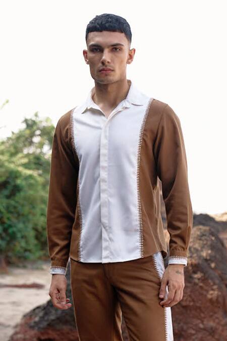 Shop_Dash And Dot_Ivory Viscose, Polyester Embroidery Contrast Stitch Shirt And Pant Set _Online_at_Aza_Fashions