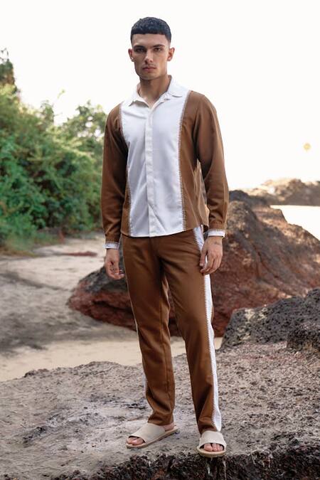 Dash And Dot_Ivory Viscose, Polyester Embroidery Contrast Stitch Shirt And Pant Set _at_Aza_Fashions