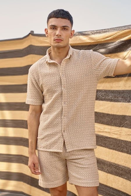 Dash And Dot Beige Textured Shirt And Shorts Set Online at Aza Fashions Dash And Dot_Beige Textured Shirt And Shorts Set _Online_at_Aza_Fashions