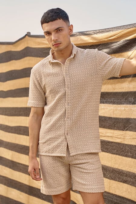 Buy Dash And Dot Beige Textured Shirt And Shorts Set Buy_Dash And Dot_Beige Textured Shirt And Shorts Set