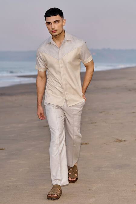 Shop Dash And Dot Beige Viscose, Polyester Color Blocked Panelled Shirt With Pant Online at Aza Fashions Shop_Dash And Dot_Beige Viscose, Polyester Color Blocked Panelled Shirt With Pant _Online_at_Aza_Fashions