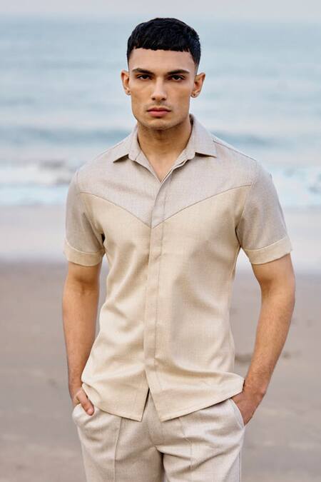 Dash And Dot Beige Viscose, Polyester Color Blocked Panelled Shirt With Pant at Aza Fashions Dash And Dot_Beige Viscose, Polyester Color Blocked Panelled Shirt With Pant _at_Aza_Fashions