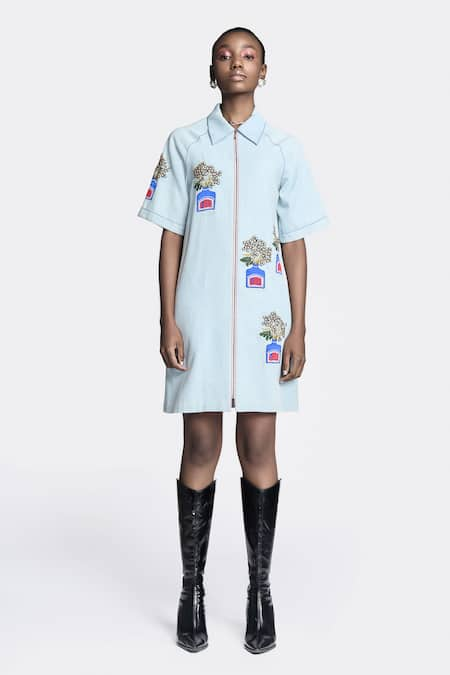 Shahin Mannan Blue Thin Denim Embroidery Patchwork Collar Inkpot Dress 