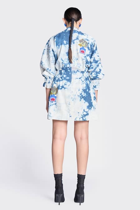 Shop Shahin Mannan Blue Denim Embroidery V-neck Inkpot Patchwork Jacket Dress at Aza Fashions Shop_Shahin Mannan_Blue Denim Embroidery V-neck Inkpot Patchwork Jacket Dress _at_Aza_Fashions