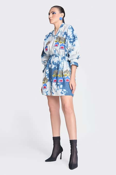Shahin Mannan Blue Denim Embroidery V-neck Inkpot Patchwork Jacket Dress Online at Aza Fashions Shahin Mannan_Blue Denim Embroidery V-neck Inkpot Patchwork Jacket Dress _Online_at_Aza_Fashions
