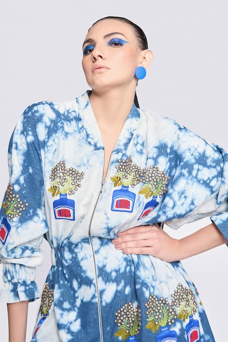 Shop Shahin Mannan Blue Denim Embroidery V-neck Inkpot Patchwork Jacket Dress Online at Aza Fashions Shop_Shahin Mannan_Blue Denim Embroidery V-neck Inkpot Patchwork Jacket Dress _Online_at_Aza_Fashions