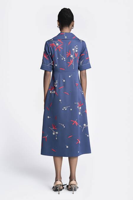 Shop Shahin Mannan Blue Crepe Embroidery Collared Broken Branches Dress at Aza Fashions Shop_Shahin Mannan_Blue Crepe Embroidery Collared Broken Branches Dress _at_Aza_Fashions